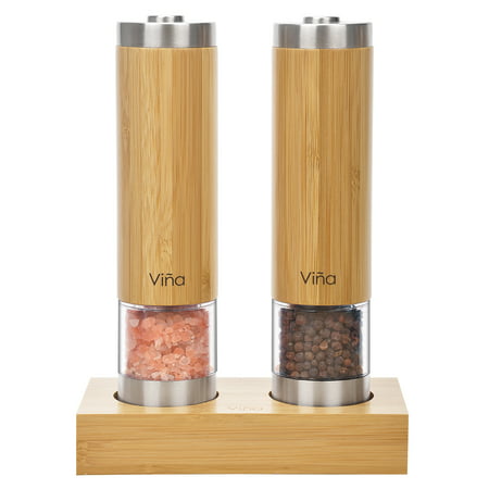 Vina Electric Salt and Pepper Grinder Set with Matching Stand, Battery Powered, LED Light and Adjustable Ceramic Bamboo Salt Pepper Mill, Pack of