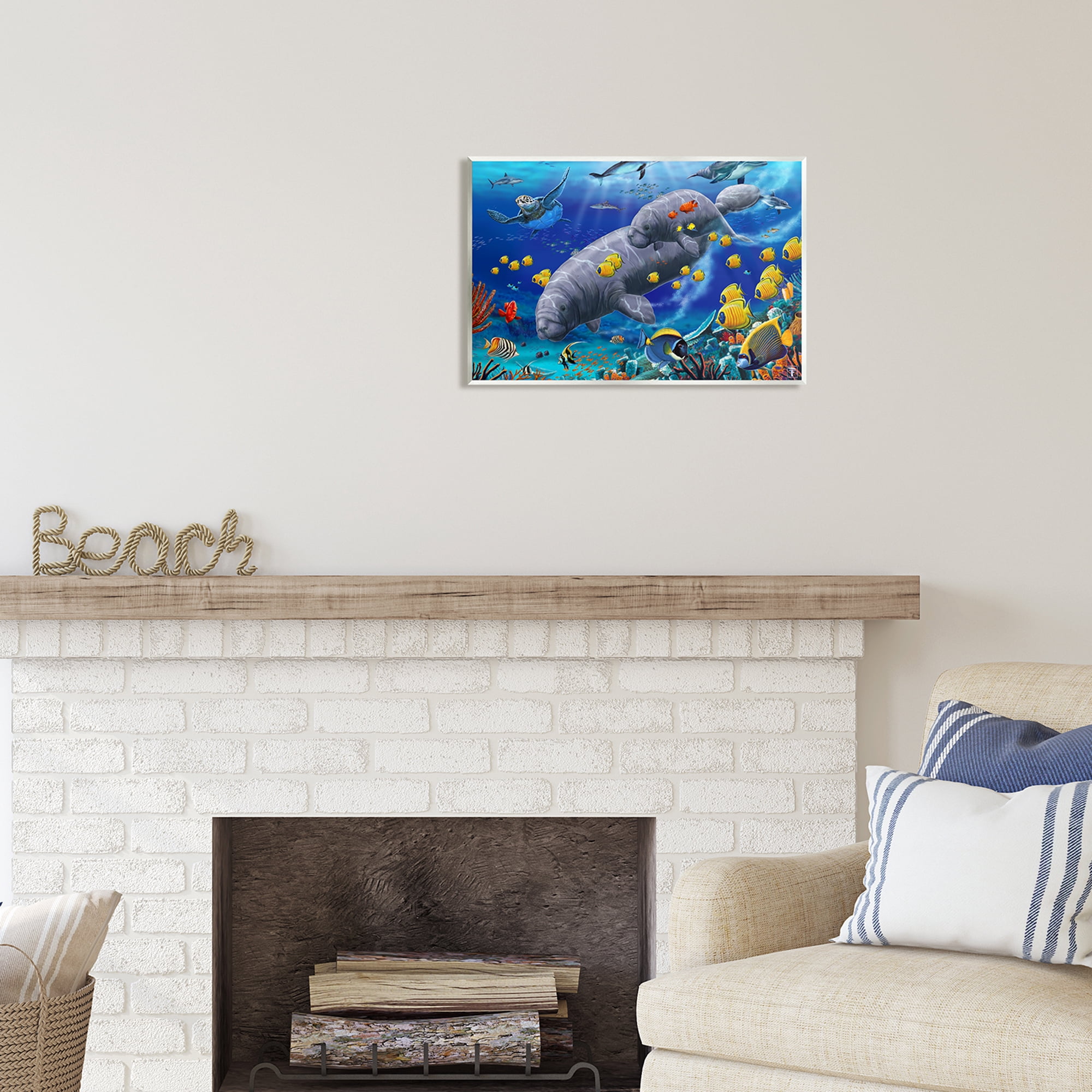Stupell Industries Manatees & Fish Swimming Coastal Painting Unframed Art Print Wall Art