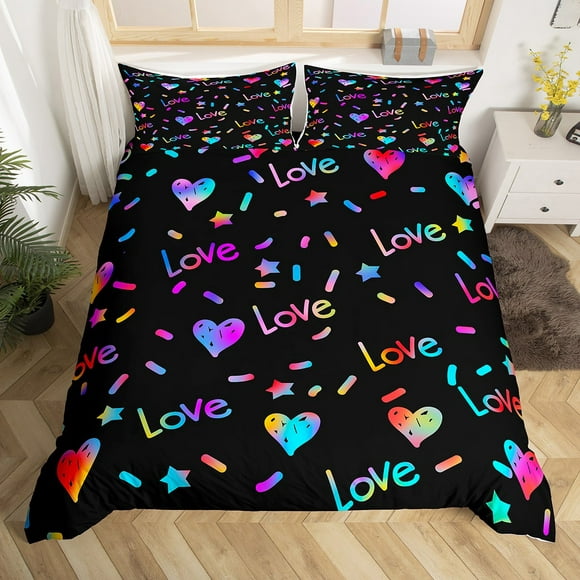 Rainbow Love Heart Bedding Set King 80S 90S Romantic Neon Style Love Comforter Cover Set For Girls Women Kawaii Cute Couple Duvet Cover Colorful Love Heart Bed Set Valentine'S Day Wedding Gifts 3 Pcs