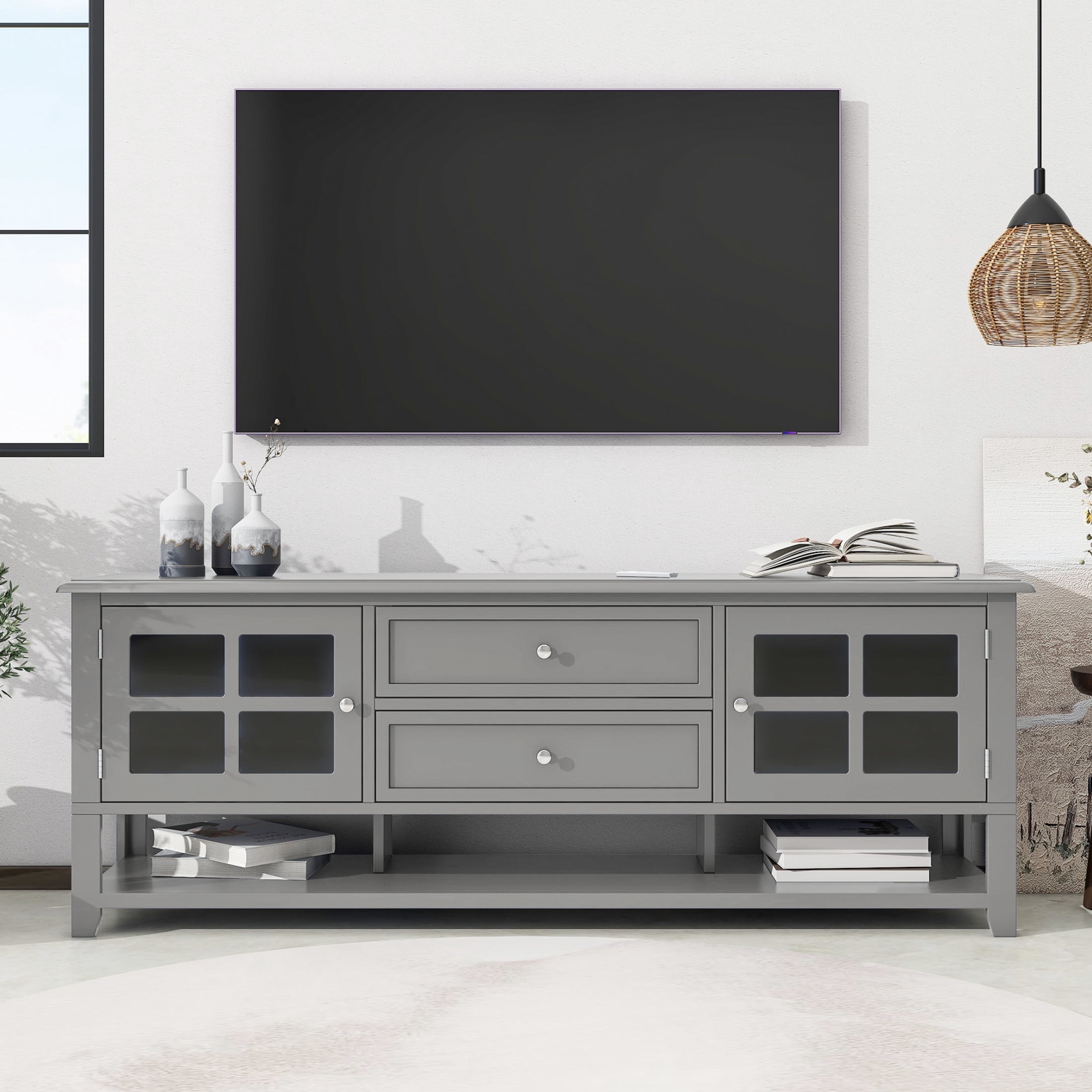 Noble House TV Stand for TVs up to 60 Inch with Dual Drawers, Storage Cabinets, Gray
