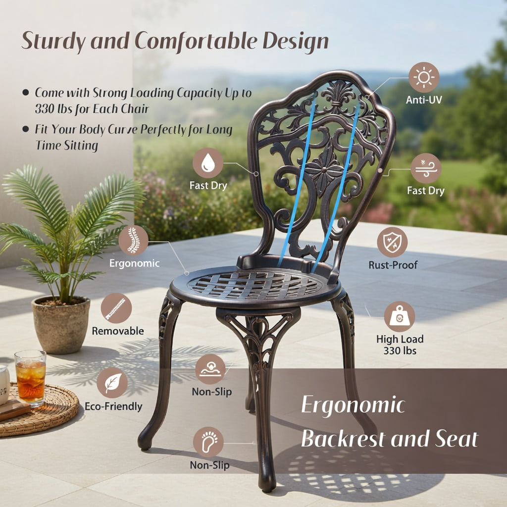 Hommoo 3-Piece All-Weather Cast Aluminum Patio Bistro Set in Copper Finish, Rust-Resistant Outdoor Table & Chairs for Porch, Backyard, Poolside, Brown