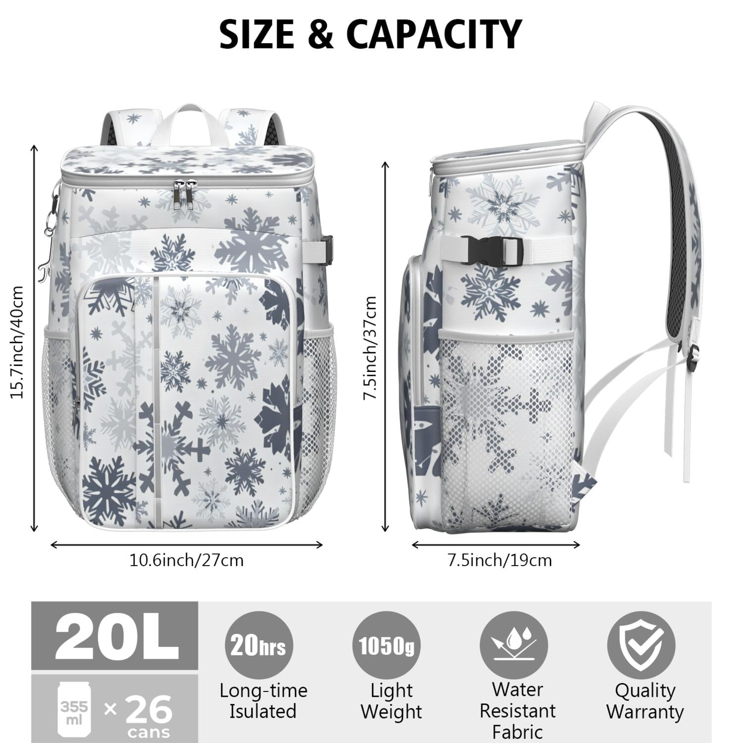 Travel Cooler Bag - Blue Christmas Snowflake Pattern Camping Beer Cooler Backpack with Bottle Opener- Waterproof Insulated Picnic Backpacks - Cooler Bag for Beach