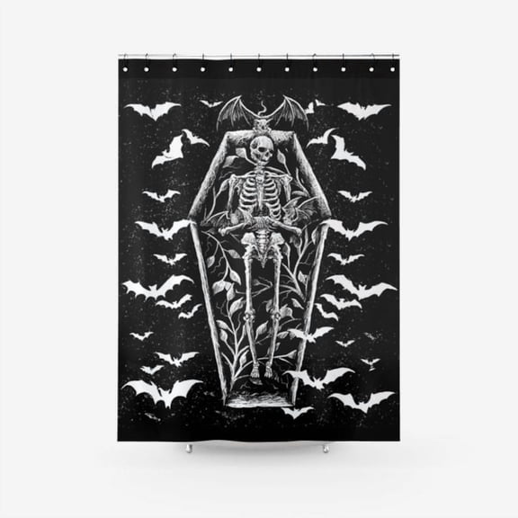 Bat Skull Skeleton Coffin Shrine Textured Fabric Shower Curtain, Skull Shower Curtain, Gothic Home Decor, Bat Coffin Shower Curtain, Happy Halloween Party Bathroom Decor 66x72in