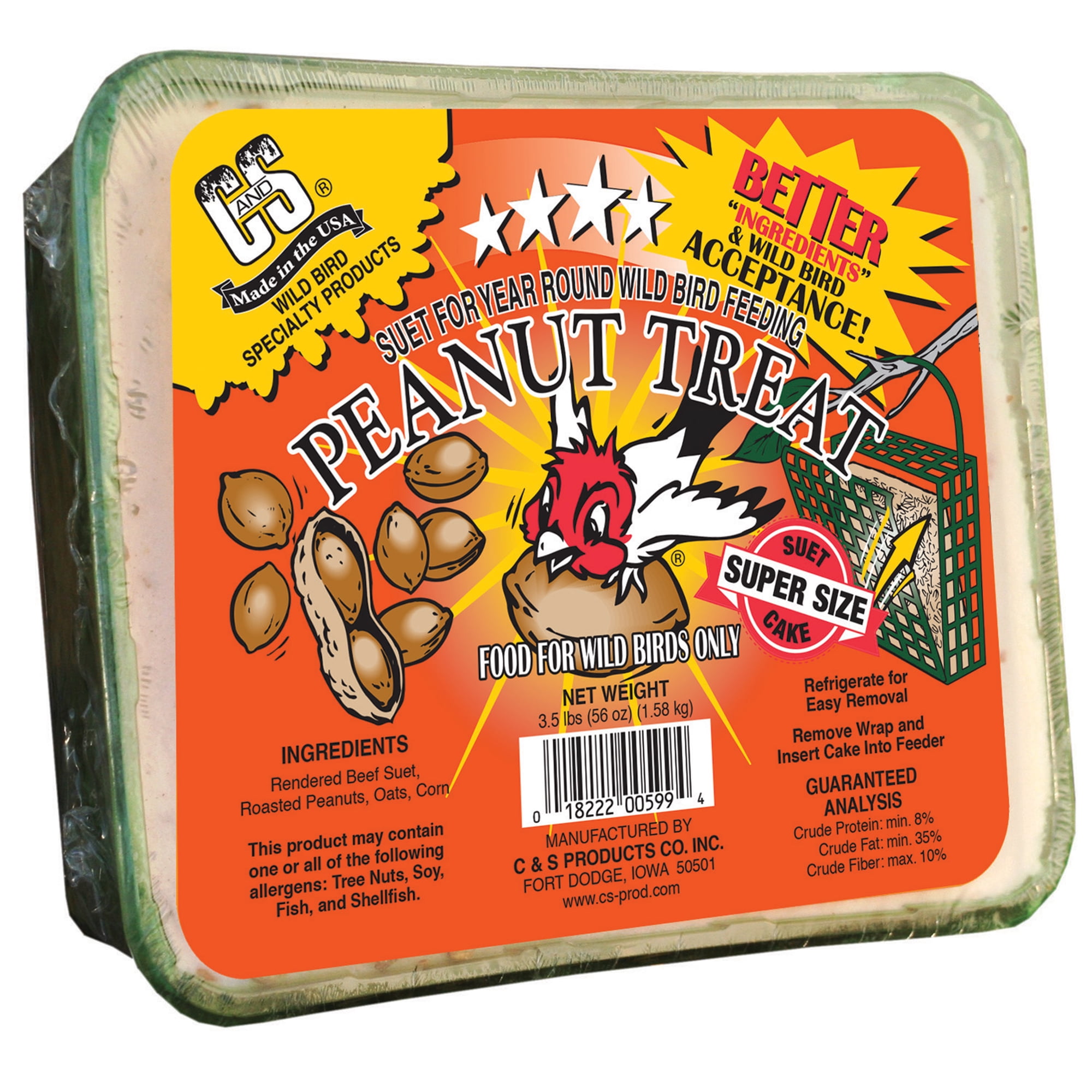 C&S Products Peanut Treat Suet, For Year Round Feeding, 56 oz Cake, Wild Bird Food