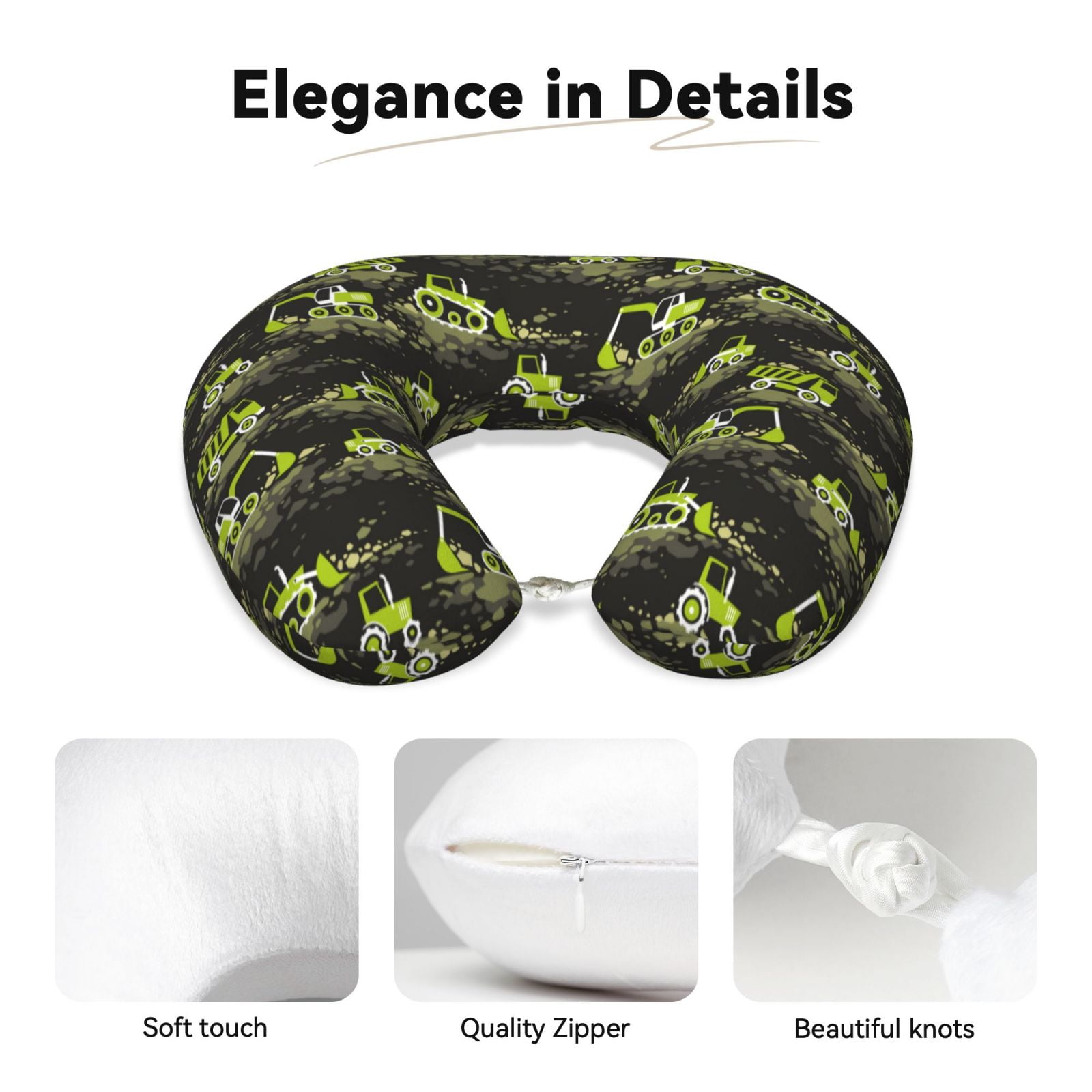 Xecao Light Green Excavator Print Memory Foam Cervical Neck Pillow Versatile U-Shaped Pillows for Home,Office,Camping,Travelling,Soft Washable Cover