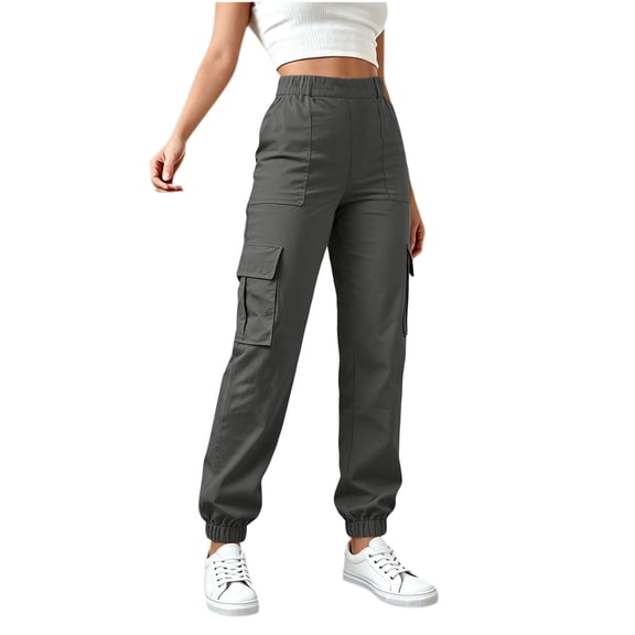 Ghalytn Women's Elastic Waist Cargo Jogger Pants - Multi-Pocket Tapered Ankle Cuff Casual Outdoor Bottoms