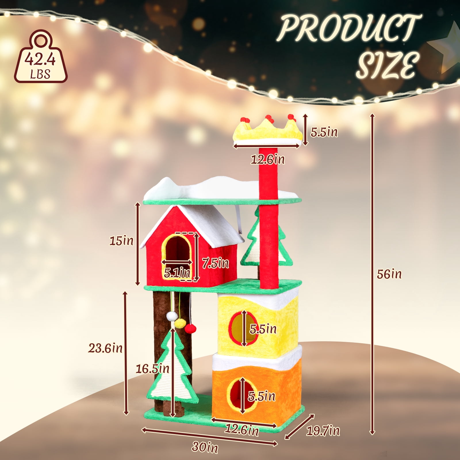 Zimtown Christmas Themed Cat Tree, 56in Multi-Level Tower with Condos, Crown Perch & Sisal Scratching Surfaces