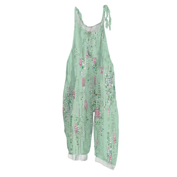 Spring Summer Rompers for Women Floral Printed Boho Jumpsuits Sleeveless Spaghetti Strap Wide Leg Breathable Overalls with Drawstring Dark Green L