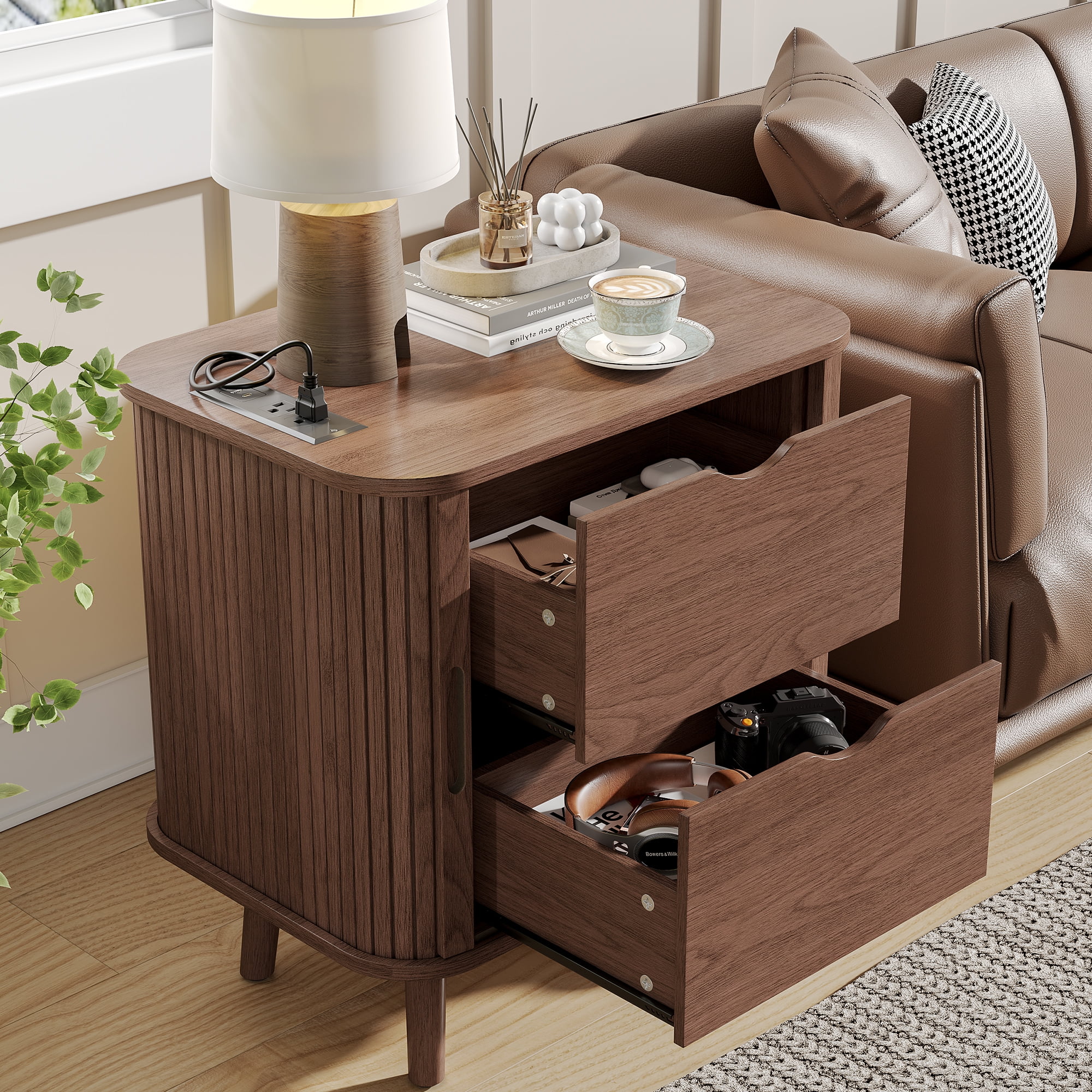 Fluted Nightstand with Charging Station, Mid Century Modern Bedside Table with Drawers and Shelves, Sliding Doors Nightstands, Wood Night Stand for Bedroom, End Table with Charging Station, Walnut