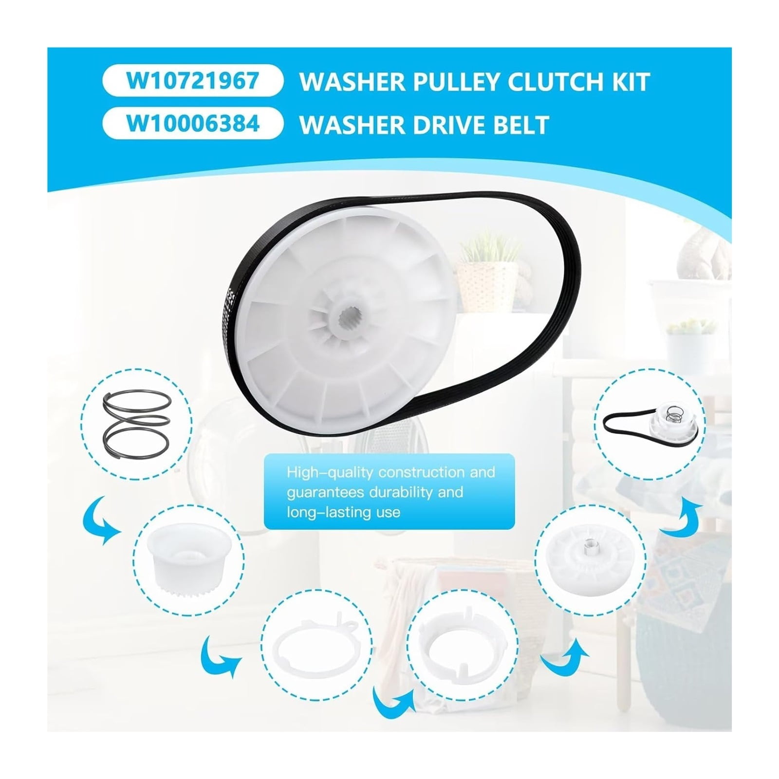 MPXBM W10913953 W10721967 W10006384 Washer Shift Actuator + Pulley Clutch Kit + Drive Belt Fit for Amana NTW4516FW1, NTW4516FW3, NTW4516FW2, NTW4519JW0, NTW4519JW1, NTW4605EW1