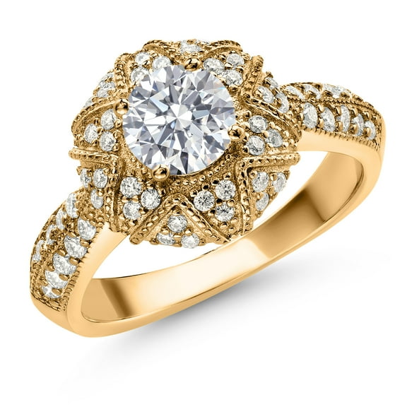 Gem Stone King 18K Yellow Gold Plated Silver Lab Grown Diamond and White Moissanite Engagement Ring for Women | 1.13 Cttw | Round 6MM | Gemstone April Birthstone | Size 5