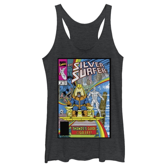 Women's Marvel Silver Surfer Rainbow Thanos's Guide Comic Cover  Racerback Tank Top Black Heather Large