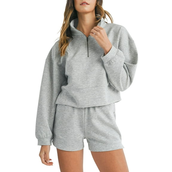 Women's Light Grey Stand Neck Zipped Sweatshirt and Shorts Set - Trendy Two Piece Outfit | [ZhiHiMeRi] | (US 12-14)L