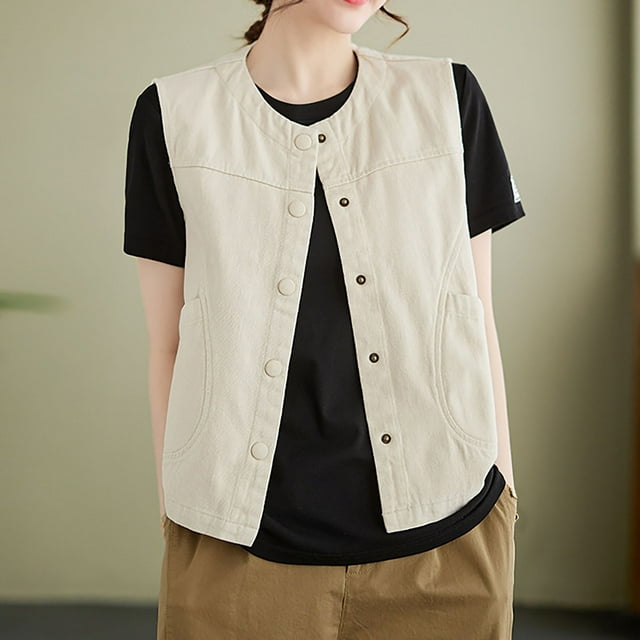 LOVZFMLL Cardigan for Women's Solid Color Sleeveless Round Neck Cardigan Blouse