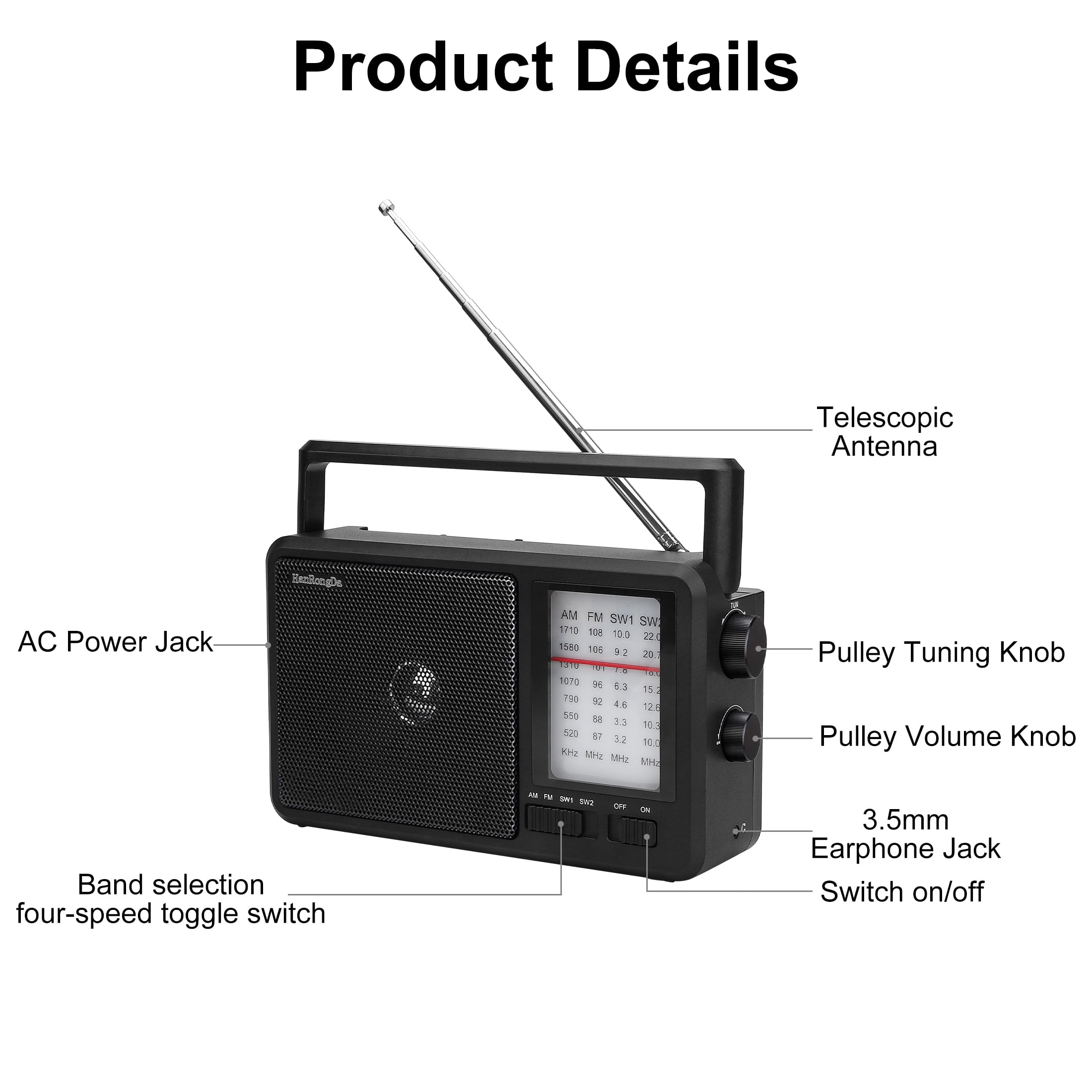 AM FM SW Radio Portable, TSV Shortwave Radio Battery Powered/Plug in Wall for Home Outdoor Seniors, Transistor Antenna