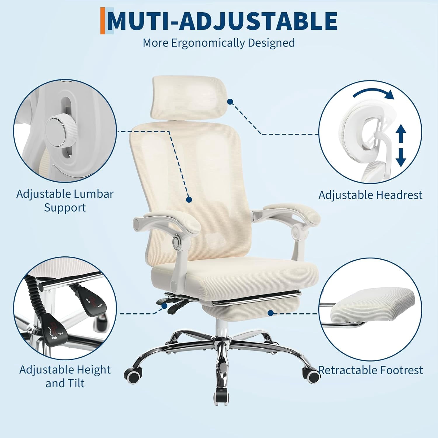 High-Back Ergonomic Office Chair with Mesh, Footrest & Lumbar Support, 350 Lb Capacity Adjustable Desk Chair for Home/Gaming