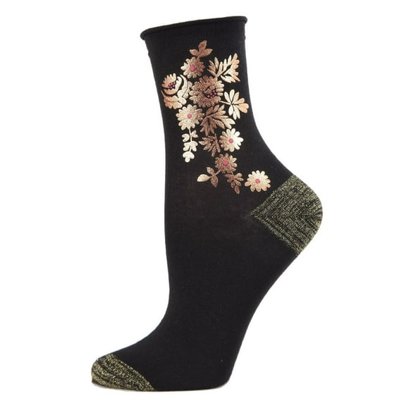 MeMoi Gilded Roses Metallic Floral Cotton Blend Crew Socks - Womens - Female, One Size, Black