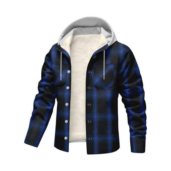 Xyxonk Men's Long Sleeve Quilted Lined Flannel Shirt Plaid Button Hoodie 2025 Big and Tall Fall Jacket with Pocket Work Long Sleeve Outfit,Blue M