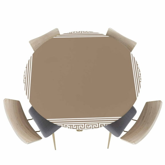 Geometric Key Design on Brown Fitted Round Tablecloths Elastic Edged Table Covers 36"-44",Classic Greece Ethnic Pattern Waterproof Dining Room Table Cloth for Kitchen Holiday Party Tables Decor