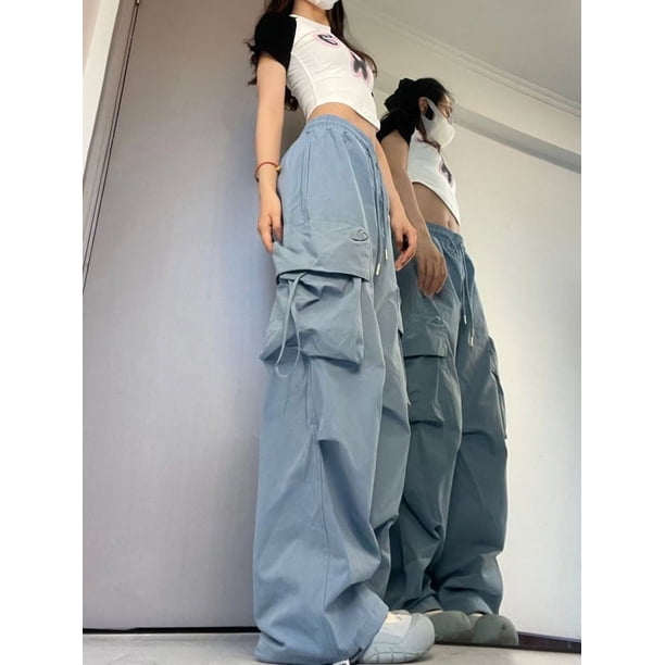 Pantalones Cargo Y2K para mujer, pantalón informal de cintura alta con bolsillos grandes, estilo Hip Hop, ropa de calle femenina, chándal holgado con cordón