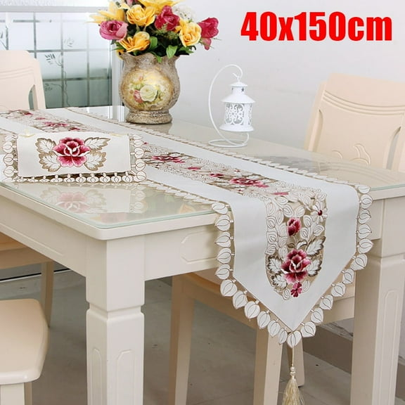 Classic Beige Table Runner, Flowers Embroidered Red Rose Lace Floral Washable Dresser Dining Table Top, 15.7 Inch X 59 Inch