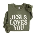 thumbnail image 4 of Jesus Loves You Sweatshirt for Women - Christian Faith Easter Church Distressed Pullover Army Green Sweatshirt Adult Small, 4 of 7