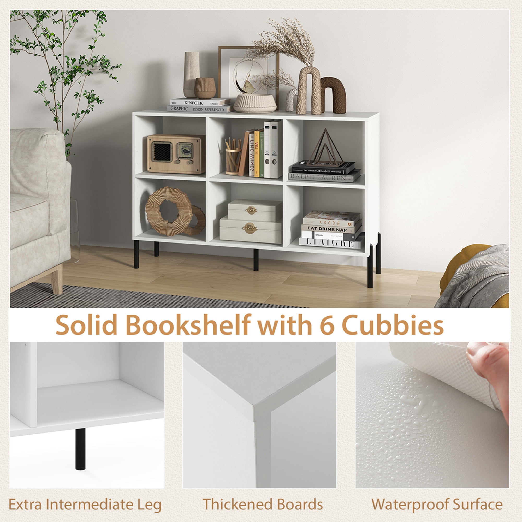 Costway 6 Cube Storage Shelf Organizer Bedroom Bookcase Square Cubby Cabinet White 47 x 14 x 31.5