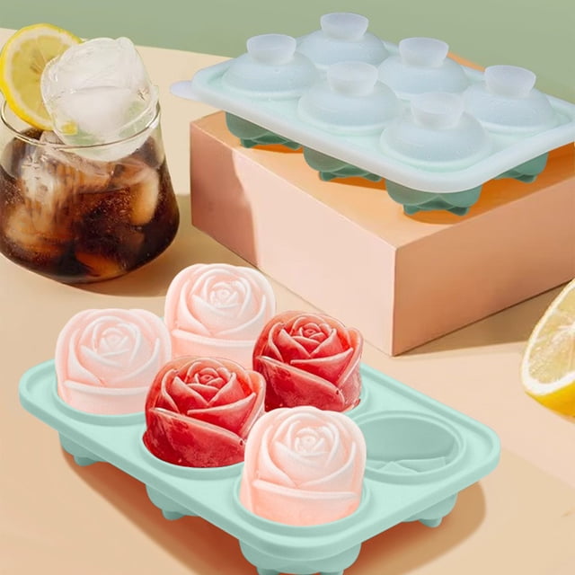 Bandeja de cubitos de hielo de rosa con tapa - molde de silicona en forma de rosa de 1,65 pulgadas para whisky, cócteles, café y agua - rosa, verde, gris