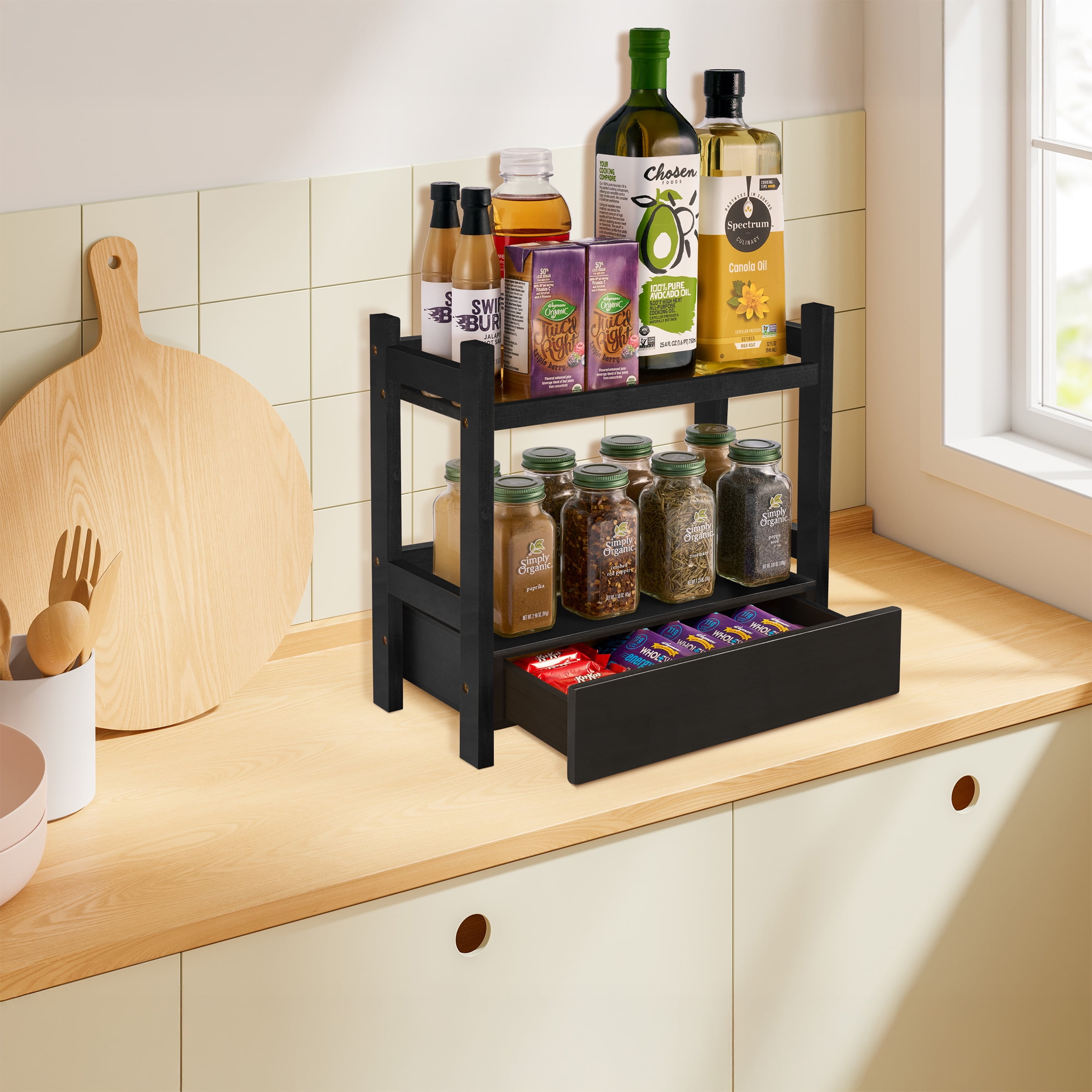 Sorbus 2-Tier 13" Bamboo Kitchen Organizer with Pull-Out Drawer, Black