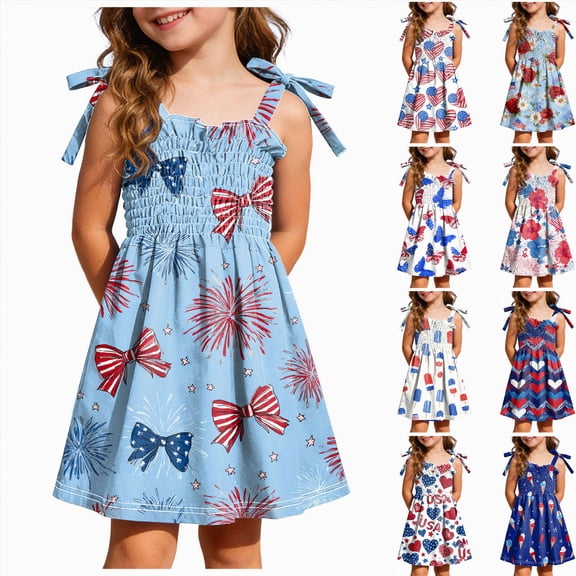 felwors Girls 4th of July Dress Toddler Butterfly USA Sundress Stars Stripes Dresses Kids Patriotic Clothes 1-6 Years(Sky Blue,4-5 Years)