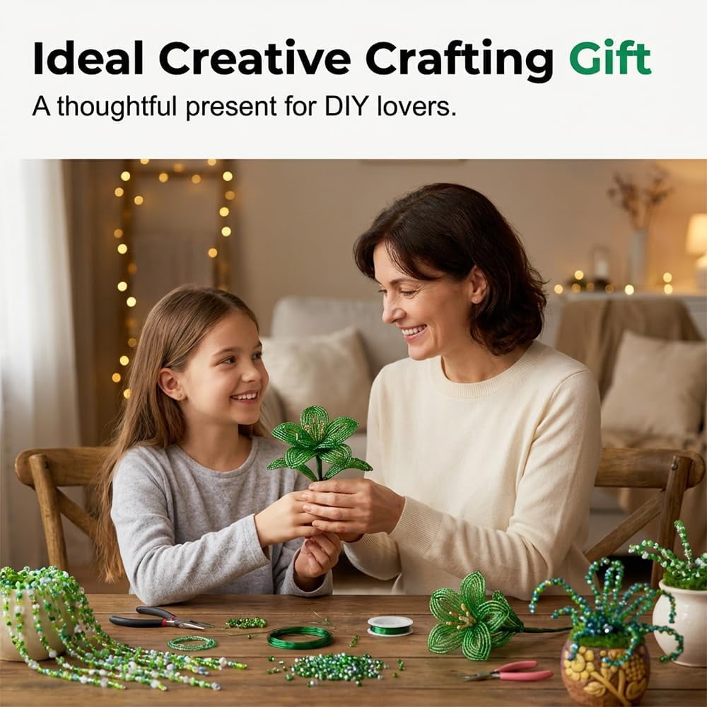5500PCS DIY Beaded Plant Kit, Green Glass Beaded Plant Kit with Rattan Basket, Forever Plant Beaded Making Kit, Leaf Beads for Jewelry Making