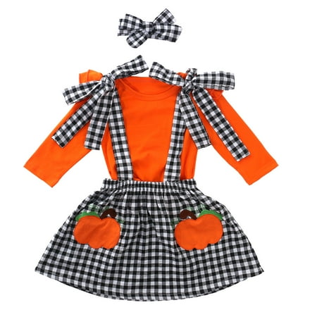 

Felcia Kids Girl Orange Long Sleeve T-shirt Plaid Suspender Skirt 2pc Set 1-5Y