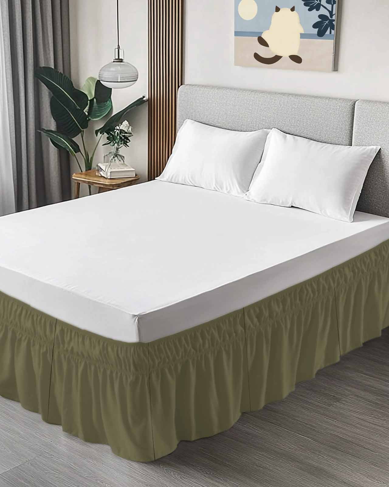 Sage Green Bed Skirt Queen Size, Brown Solid Color Simple Abstract Wrap Around Bed Skirting with Adjustable Elastic Strap, Dust Ruffle Pleated Bedskirts 18 Inch Drop for Bedroom Queen Beds