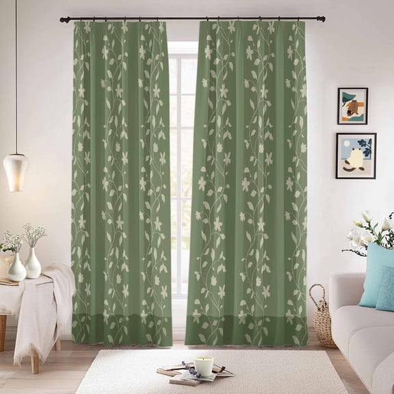 Sage Green Floral Blackout Curtains for Bedroom/Living Room, Pinch Pleated Black Out Curtains, Spring Flowers Room Darkening Window Drapes with Hooks 2 Panels, 59"x70"