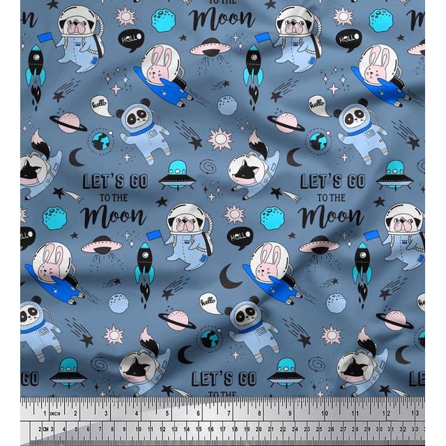 Soimoi Poly Georgette Fabric Planet,Rocket & Astronaut Animals Cartoon Decor Fabric Printed Yard 42 Inch Wide