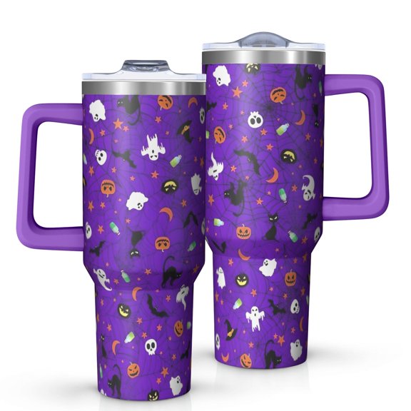 Purple Halloween Pattern Tumbler with Handle and Lid,40oz Double Wall Vacuum Insulated Tumbler,Cups Gift for Women and Men