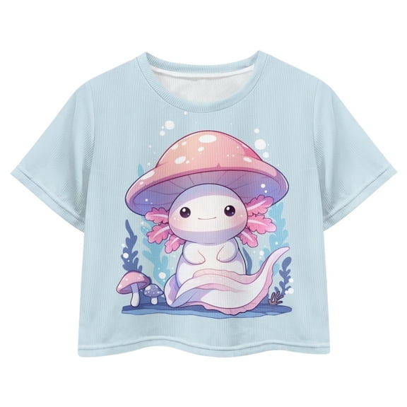 Uourmeti Cute Axolotl Crop Top for Girls 8-10 Summer Cute Short Sleeve Tee Mushroom Soft Crew Neck Pullover Tops Kids Casual Athletic T-Shirt