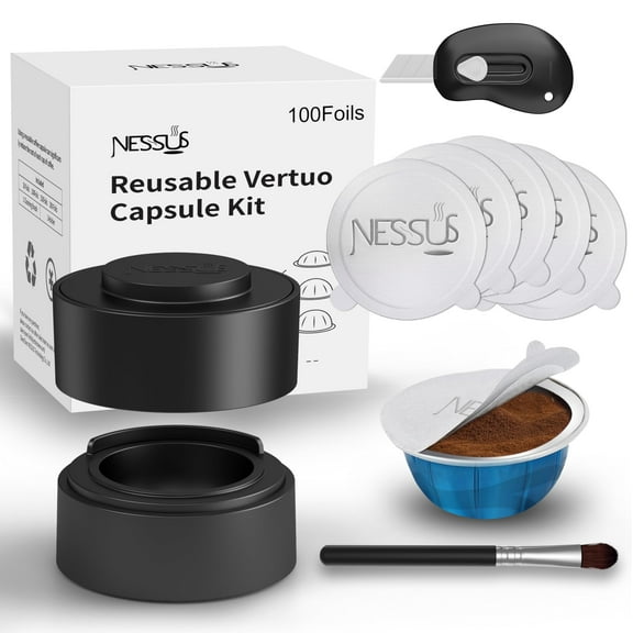Nessus Reusable Kit for Nespresso Pods Vertuo, Reuse Old Coffee Pods for Nespresso Vertuo: 100 Pcs Aluminum Foil Seal Lid, Holder, Brush, Refillable Vertuo Plus Next Capsule Machine(No Pods Come)