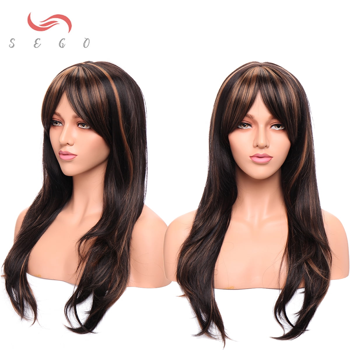 SEGO Long Curly Synthetic Hair Wig with Bangs Short Fluffy Wigs Full Head Heat Resistance Hair Wig for Women