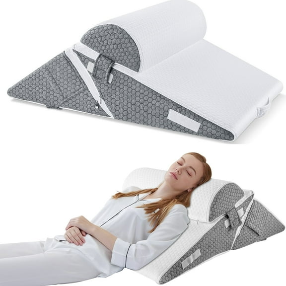 Kaibinsi Wedge Pillow for Sleep Apnea, Adjustable Wedge Pillow Headboard, Bed Wedge Pillow for Acid Reflux and Back Pain Relief, Pillow Wedge for Sleeping with Neck Support Pillow, White & Grey