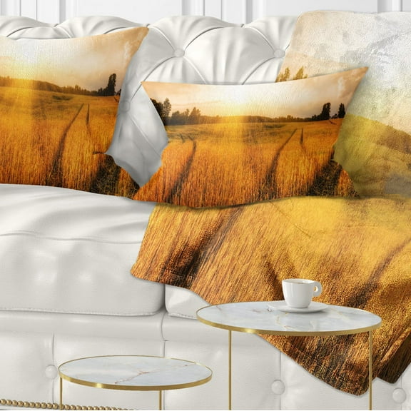 Designart Wheat Field at Sunset Panorama - Photography Throw Pillow - 12x20