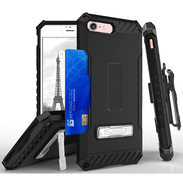 BLACK TRI-SHIELD RUGGED CASE with MAGNETIC KICKSTAND + BELT CLIP HOLSTER + LANYARD WRIST STRAP + WALLET CREDIT CARD SLOT + TEMPERED GLASS SCREEN GUARD FOR APPLE iPHONE 7/8