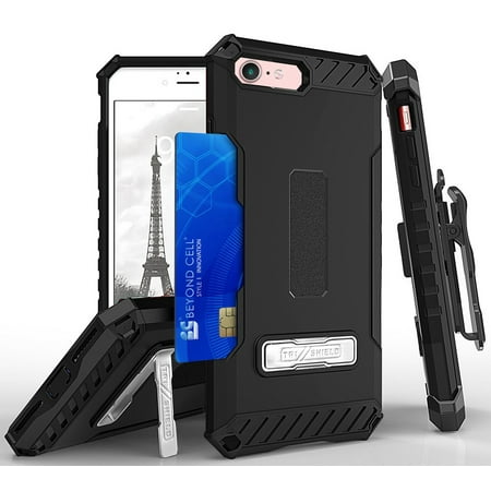 Case with Clip for iPhone 8, Black Tri-Shield Rugged Cover and Belt Hip Holster [Kickstand + Card Wallet Slot + Strap] for Apple iPhone 8, iPhone 7