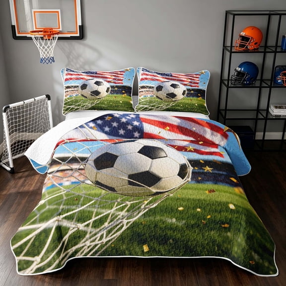 Manfei Sports Football Twin Quilt Set, American Flag Twin Coverlet Set, Red White Green, Black Reversible 2pcs, 1 Bedspread and 1 Pillowcase