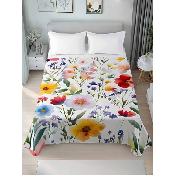 Floral Queen Size Flat Sheet, Wrinkleproof & Fadeproof Cooling Flat Bed Sheet Only, Red Yellow Pink Blue Flower Purple Lavender Leaf Breathable Soft Bedding Top Sheets 90 x 102 Inches