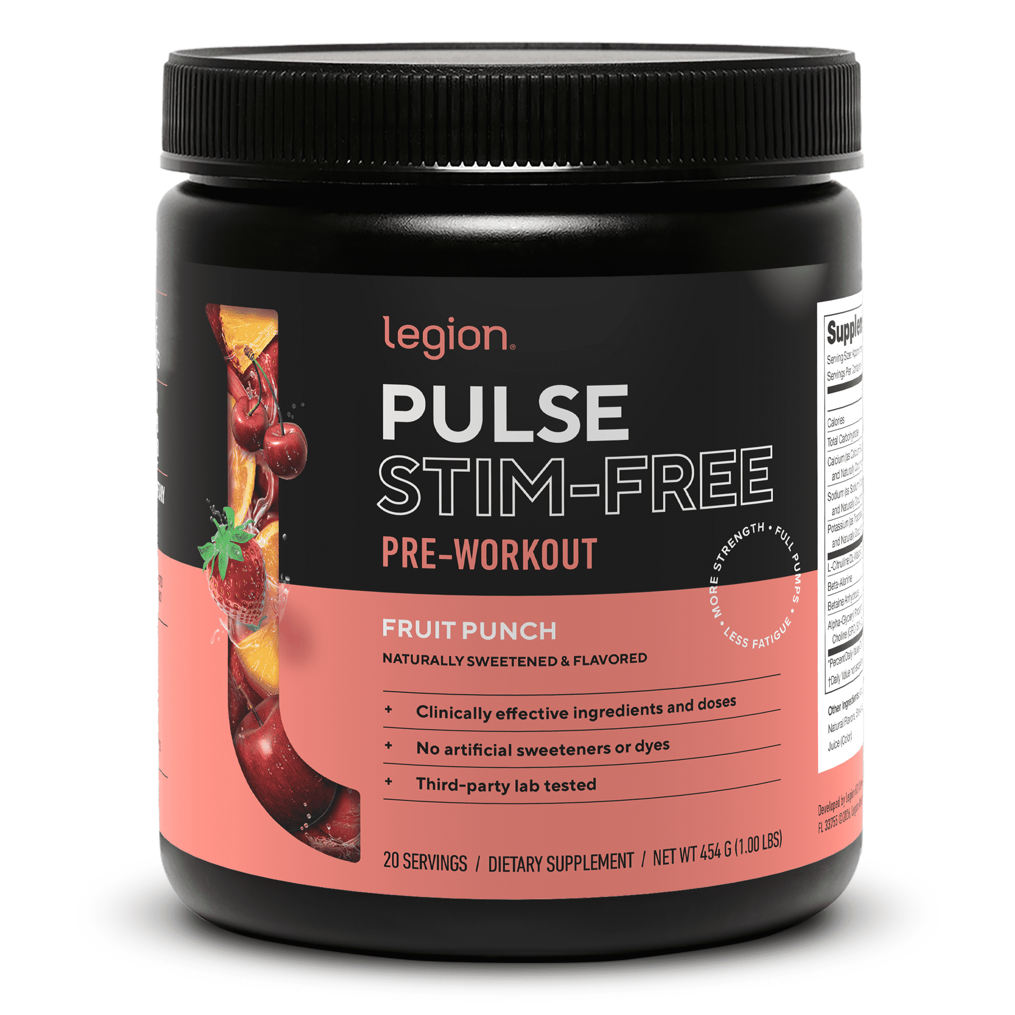 Legion Athletics Pulse Caffeine-Free L-Citrulline Malate Pre-Workout Supplement Powder, Fruit Punch, Increase Energy & Endurance, 20 Count
