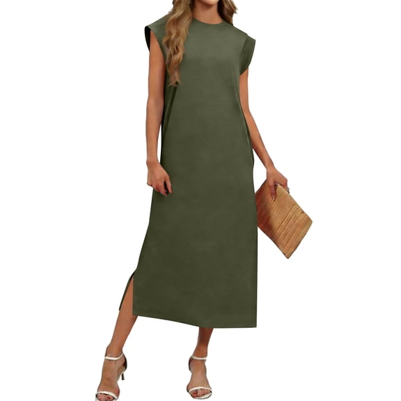 Kukoosong Women's Slim Fit Sundress Tea-Length Sleeveless Crew Neck Solid Color Casual Party Cocktail Summer Dresses
