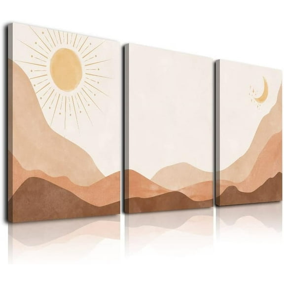 Boho Wall Art Set of 3, Framed Canvas Wall Art Sun Moon Rising on the Mountain Geometric Nature Illustrations Line Art Wall, Mid-Century Modern Prints, Office, 12"x16" Watercolor
