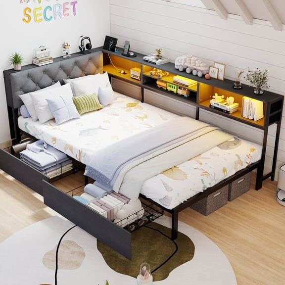 Leumius Full Size Corner Daybed Frame, Upholstered Headboard with Bookcase Storage, 2 Drawers LED Lights & Charging Station, Noise‑Free Metal Bed Frame Gray