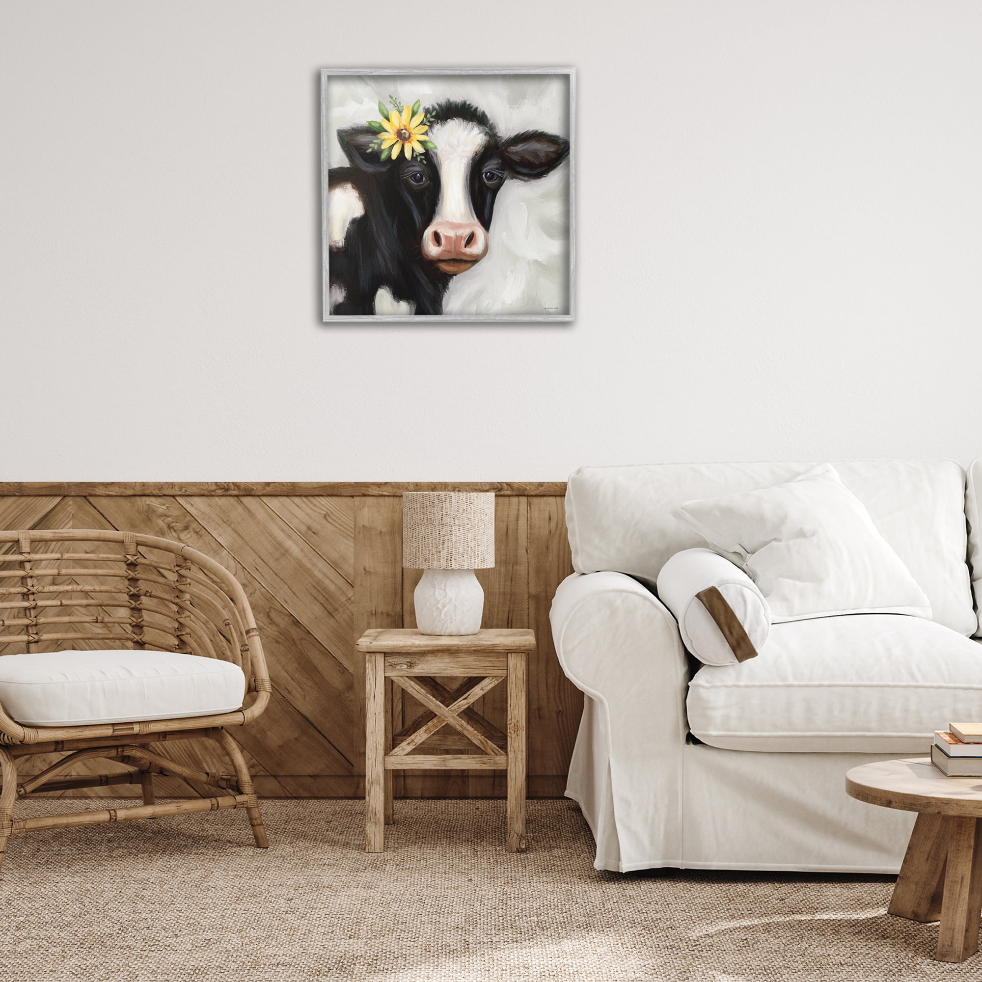 Stupell Industries Cow with Yellow Daisy Animals & Insects Painting Gray Framed Art Print Wall Art, 24 x 24